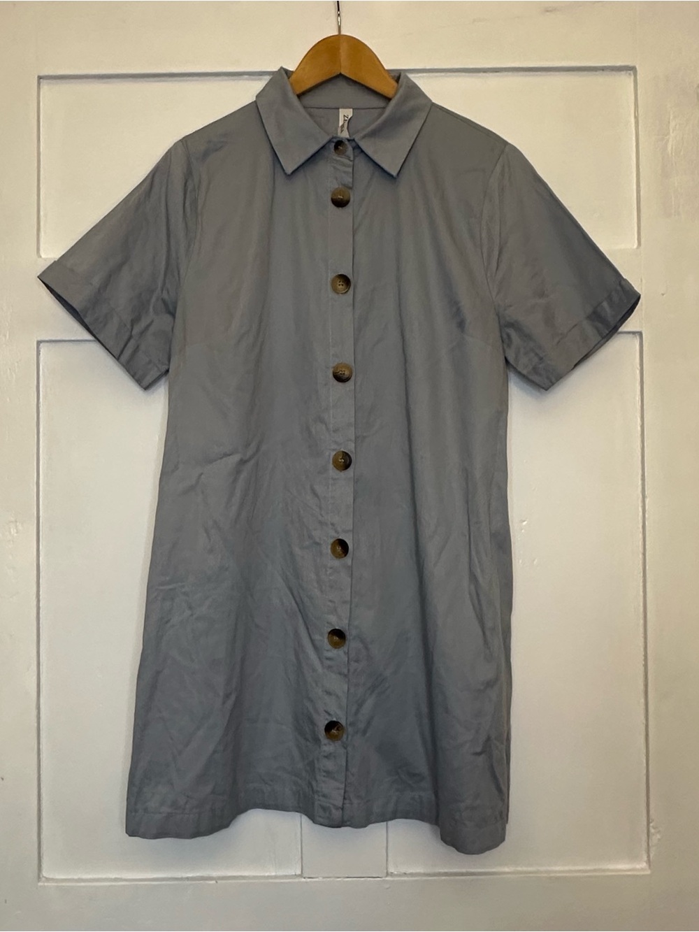 Zenana Light Blue Short-Sleeve Button Front Mini Shirt Dress Pockets Collar Sz L